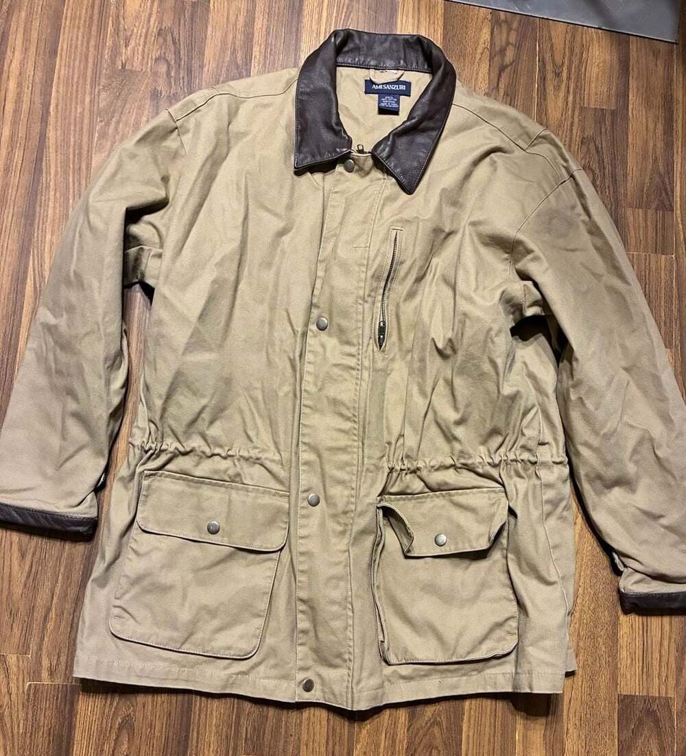 Ami Sanzuri Vintage Tan Canvas Chore Barn Jacket with Leather Collar Men's Size